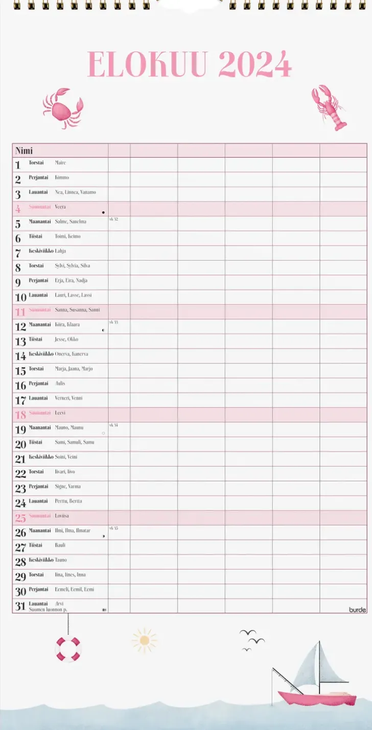 Burde Perhekalenteri 2024 Perhekalenteri Annie