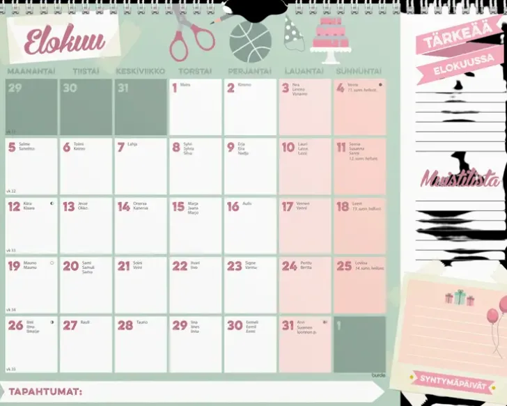 Burde Perhekalenteri 2024 Perheen Kuukausikalenteri